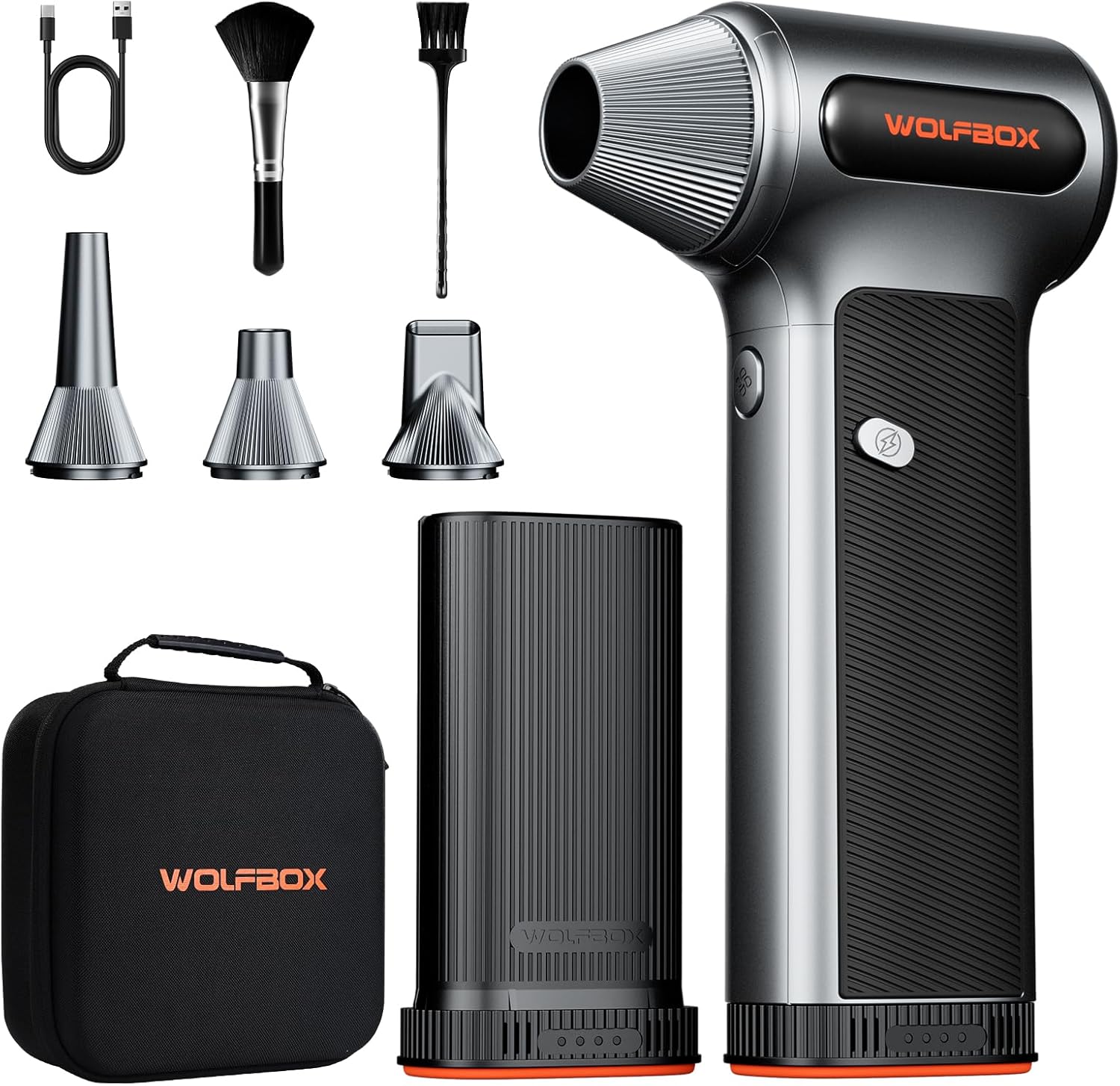 WOLFBOX MF200-2PK Compressed Air Duster - 2 Swappable Battery Packs & Case, Hurricane-Force Electric Air Blower for PC, Car Detailing, Camping & Home, High-Pressure Duster for Narrow Gaps & Crevices