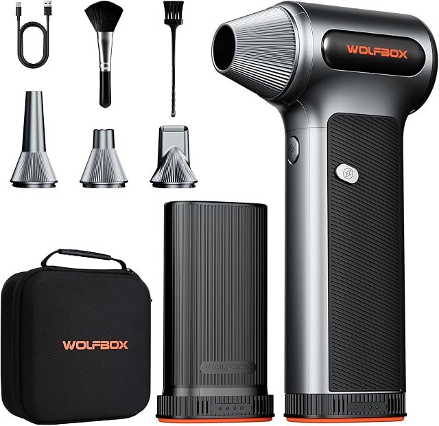 WOLFBOX MF200-2PK Comprimé Air Duster - 2 Pile-paquets swappables & Cas, Hurricane-Force électrique Air Souple pour PC, Détail de la voiture, Camping & Accueil, Duster haute pression pour les lacunes étroites & Crévasses