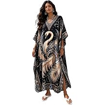 Kaftan for Women, Luxury Crane Print Beach Cover Up, Loose V Neck Caftan Dress, Plus Size Loungewear Caftans for Vacation