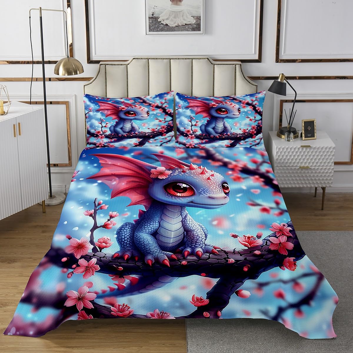 Manfei Cartoon Dragon Bedspread Queen Size, Fairytale Magic Dragon Coverlet Set 3pcs, Cute Western Animal Quilted Coverlet with 2 Pillowcases, Kids Boy Girls Room Decor, Soft Bedding Quilt