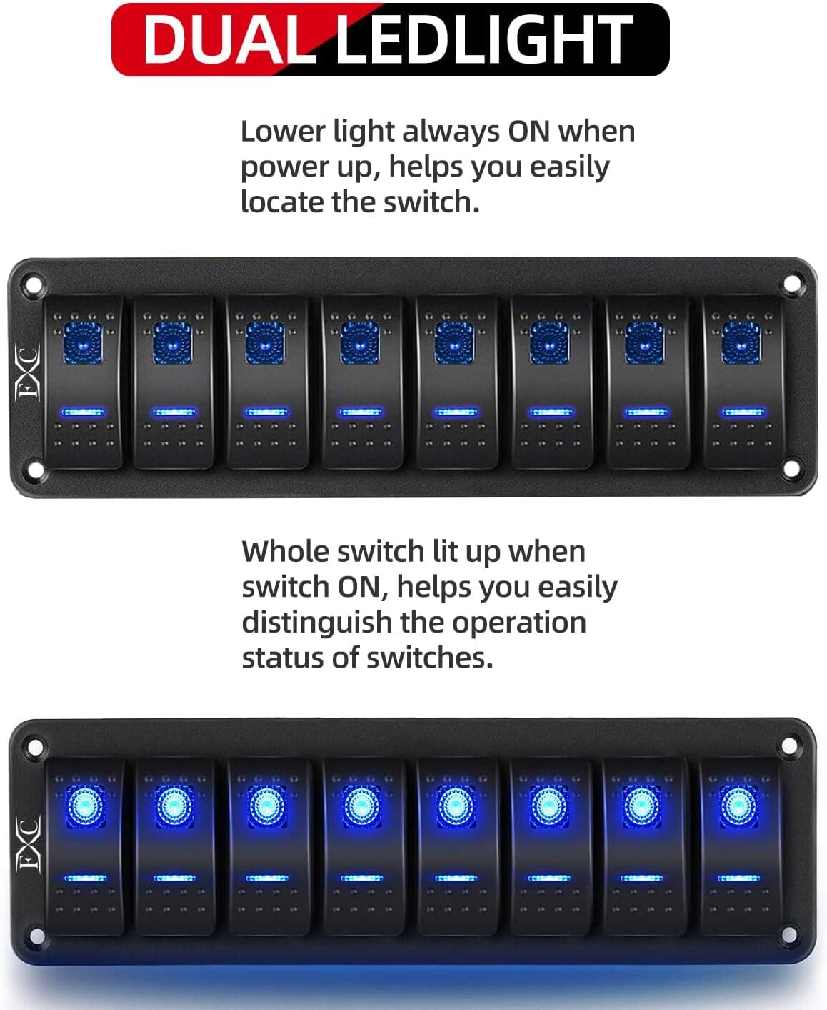 FXC Rocker Switch Aluminum Panel 8 Gang Toggle Switches Dash 5 Pin ON/Off 2 LED Backlit for Boat Car Marine