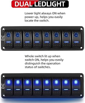 FXC Rocker Switch Aluminum Panel 8 Gang Toggle Switches Dash 5 Pin ON/Off 2 LED Backlit for Boat Car Marine