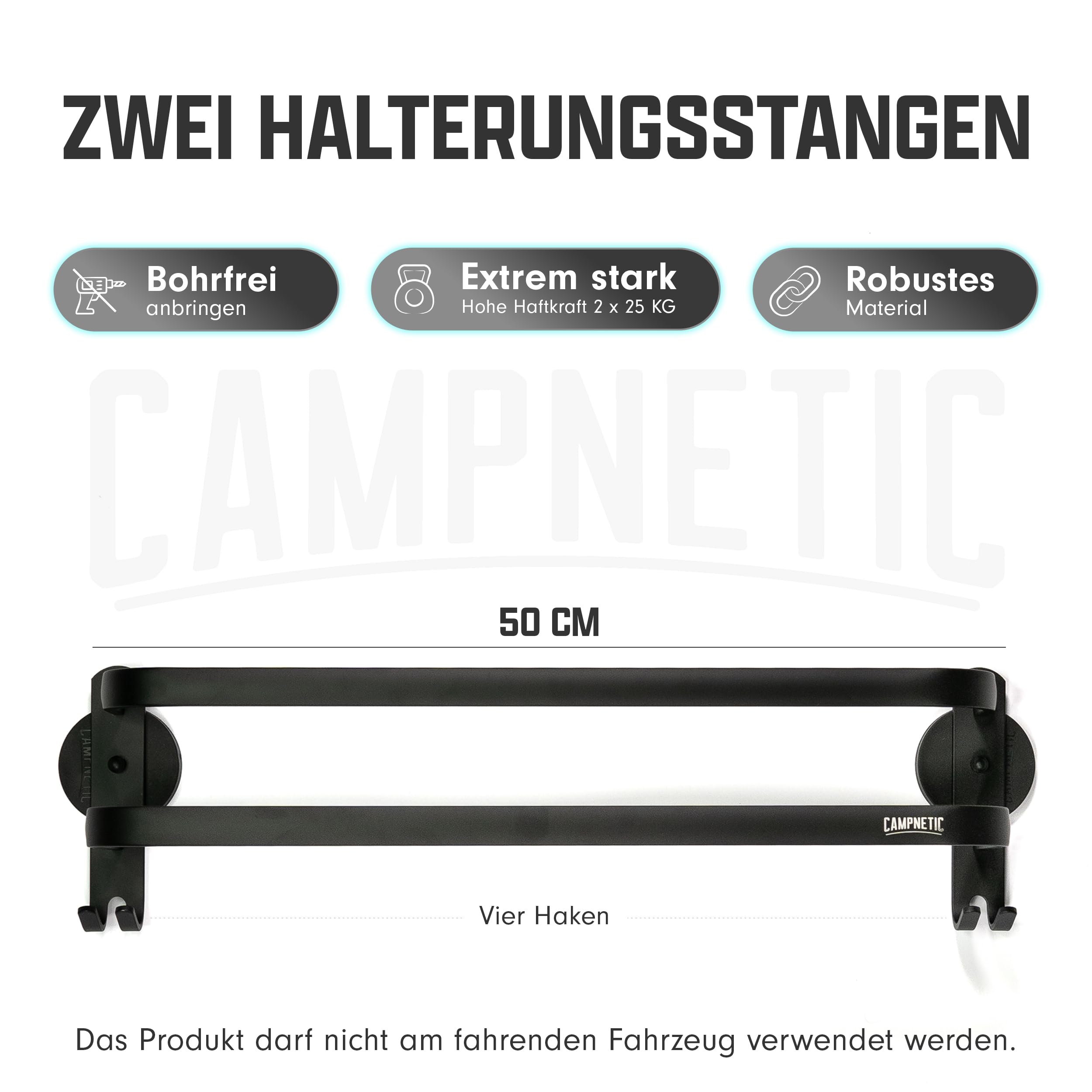 Campnetic magnetischer Handtuchhalter schwarz 50cm - Camper Zubehör für Kastenwagen, Vans, Wohnmobile - Offroad Zubehör - Magnet Handtuch Halter - inkl. Aufbewahrungsbeutel - gummierte Magnete