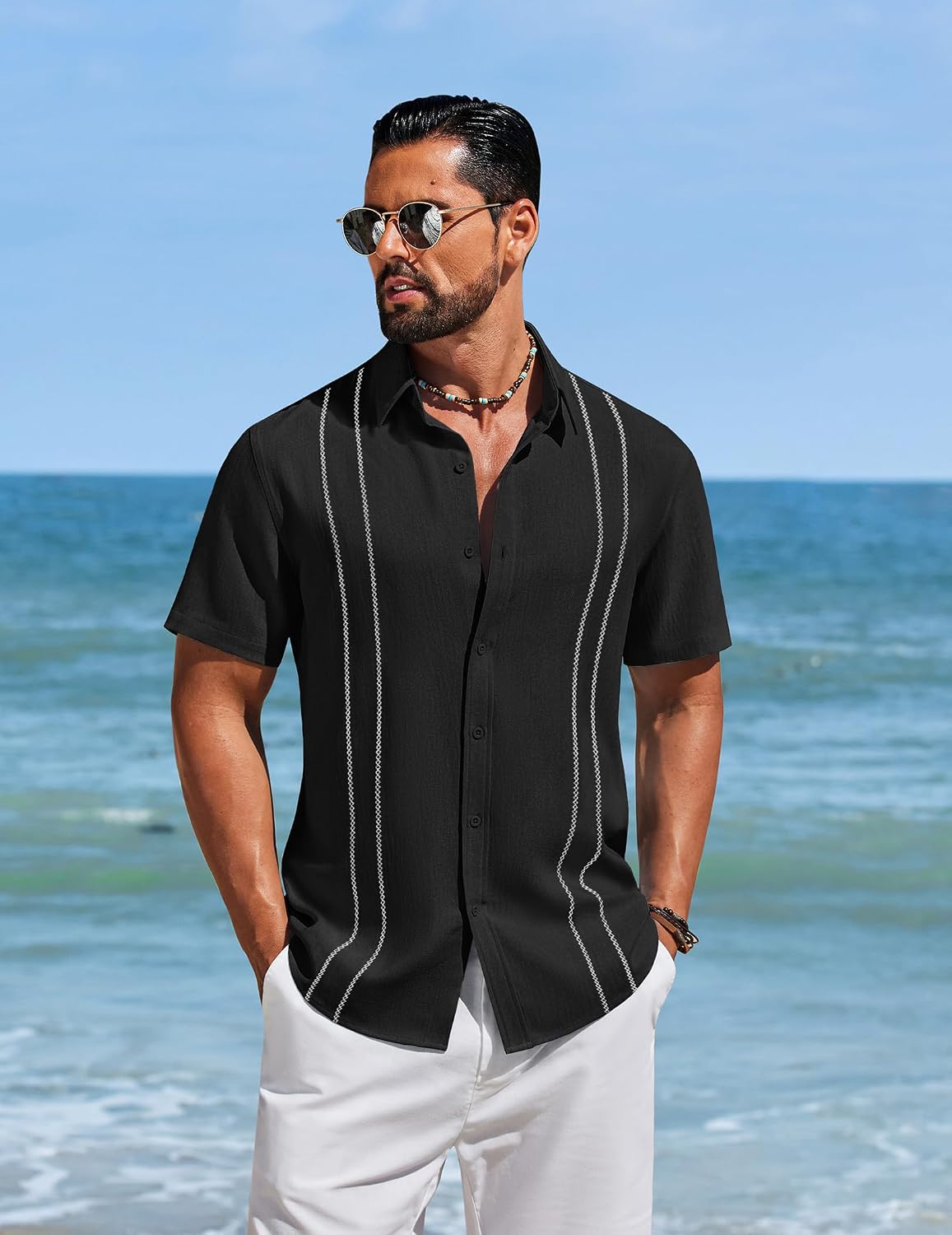 COOFANDY Men's Cuban Guayabera Shirts Button Down Short Sleeve Shirt Casual Linen Summer Beach Shirts