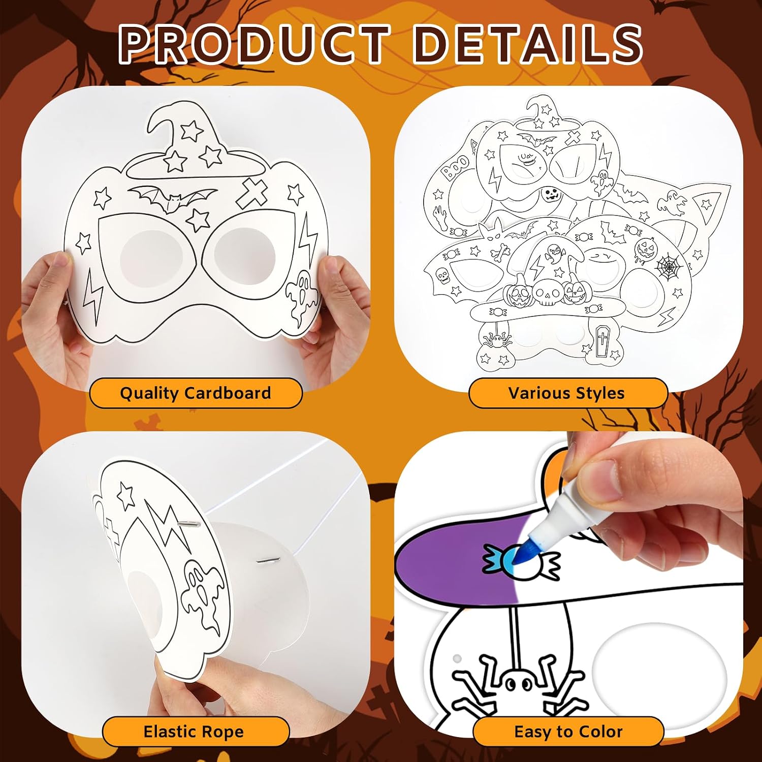12 PCS Halloween Masks DIY Crafts Kit Color Your Own Ghost Pumpkin Masks