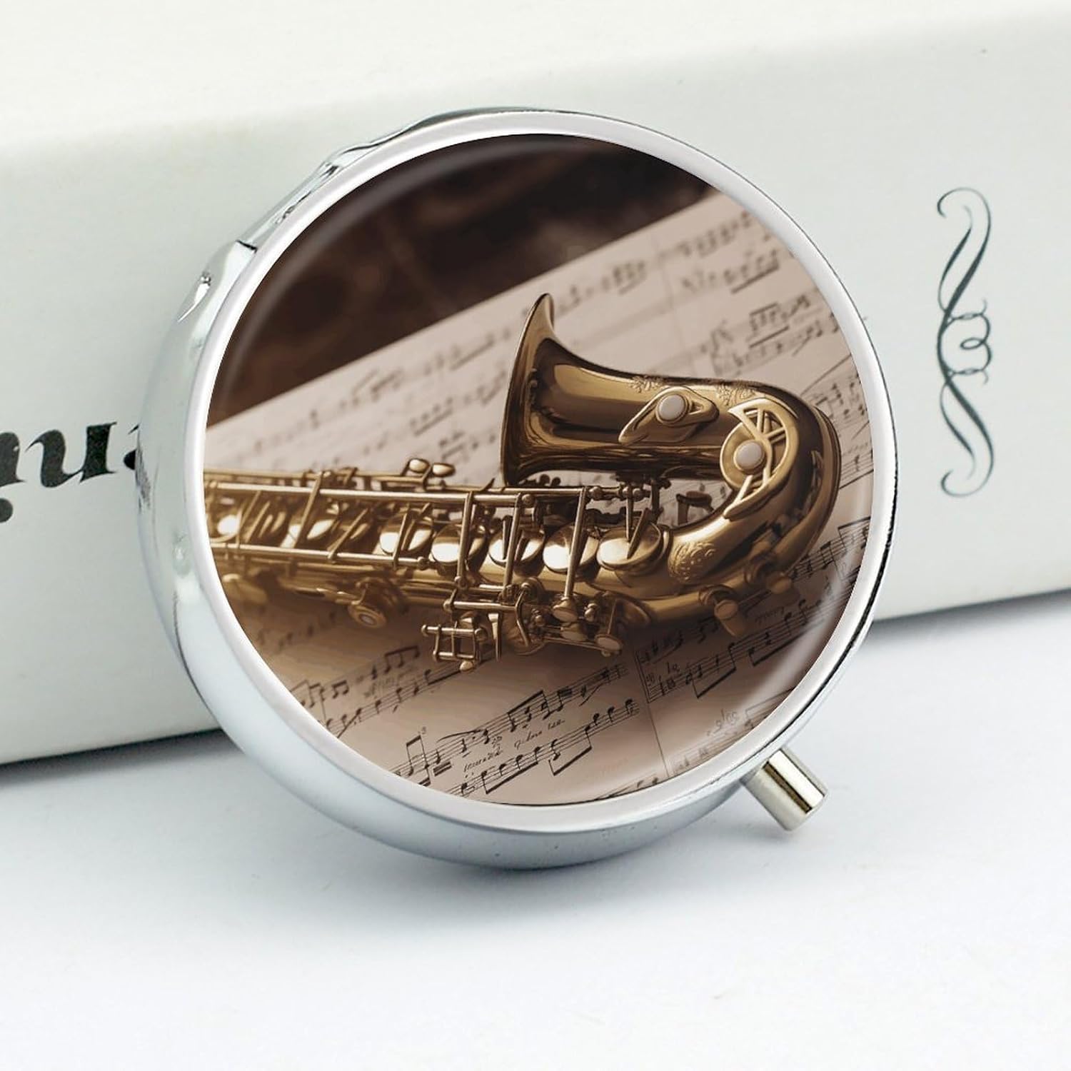 Round Daily Saxophone on Sheet Music Pill Case with 3 Compartment & Mirror image 4