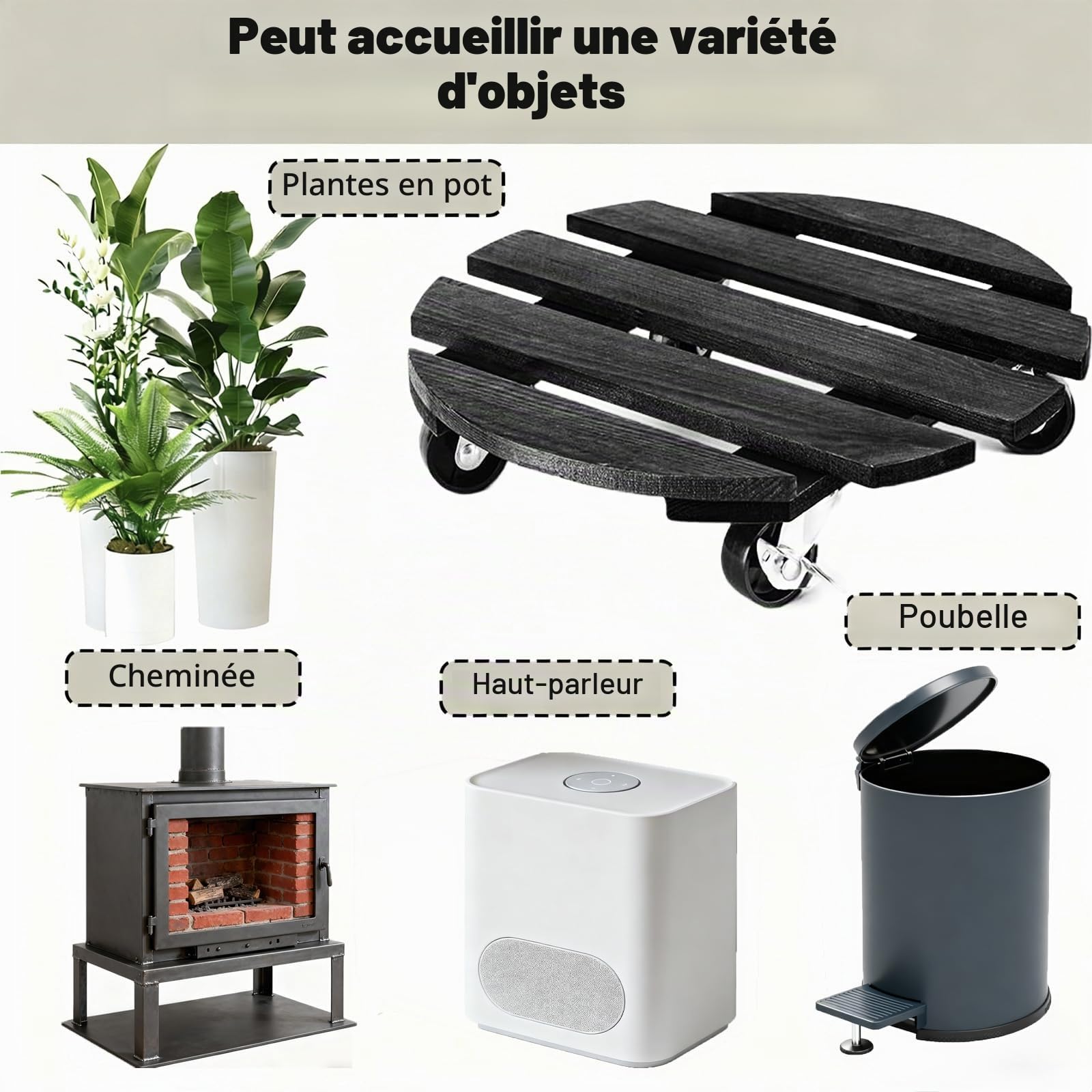 Porte Plante a Roulettes, 2 Supports de Plantes à Roulettes, avec Roulette Coulissantes Verrouillables à 360°, Capacite 120kg, Supports de Pots de Fleurs à Roulettes en Bois 30cm, pour Extérieur, Noir
