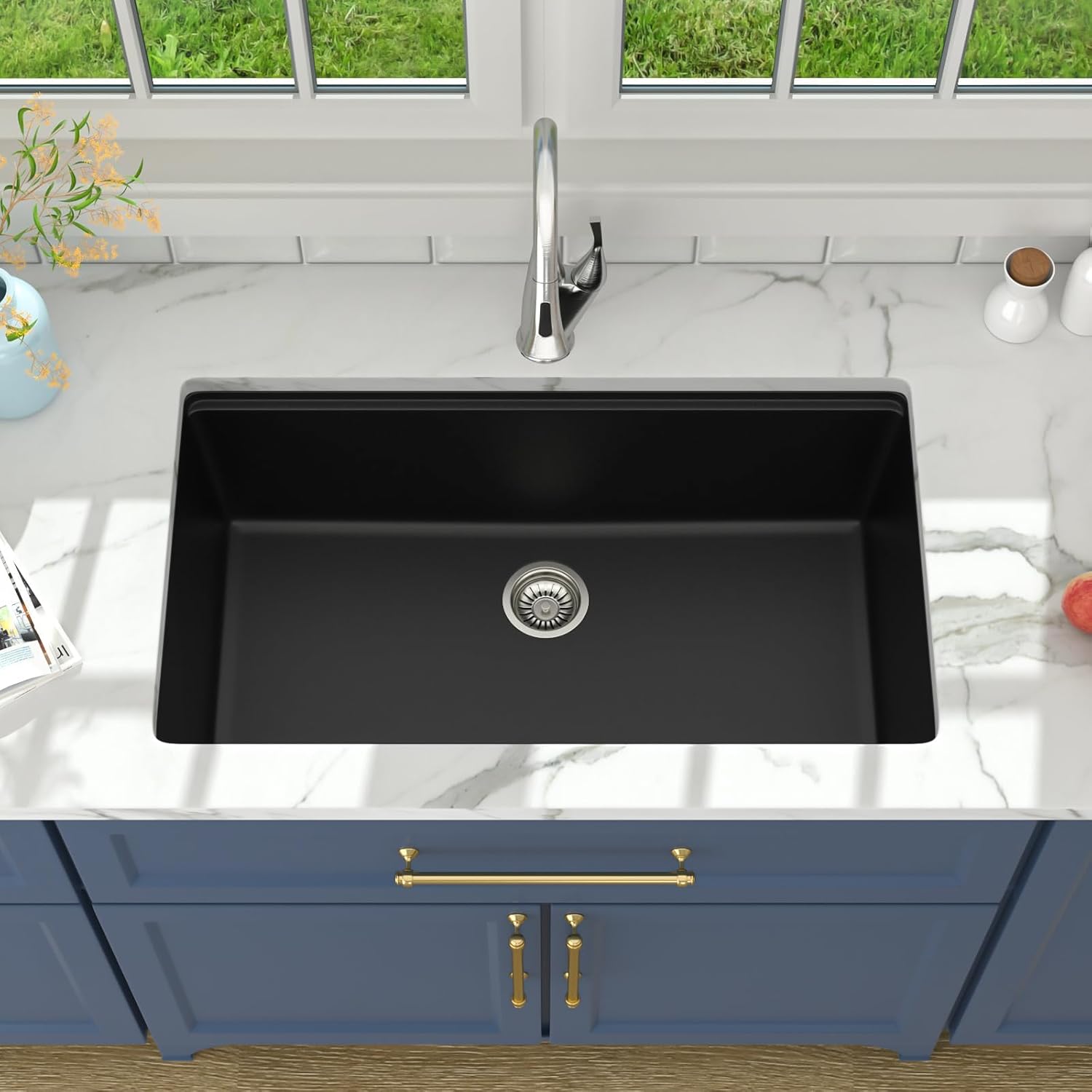 Lordear 33 Black Kitchen Sink Granite Composite Undermount Sink 33x19 Inch Quartz Composite Black Deep Single Bowl Workstation Undermount Kitchen Sinks