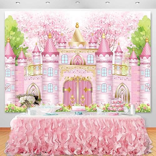 Miniatura 2 de Telón de fondo de cumpleaños de castillo de princesa, acuarela pastel, rosa, castillo real, fondo de fotografía, cuento de hadas, decoración de