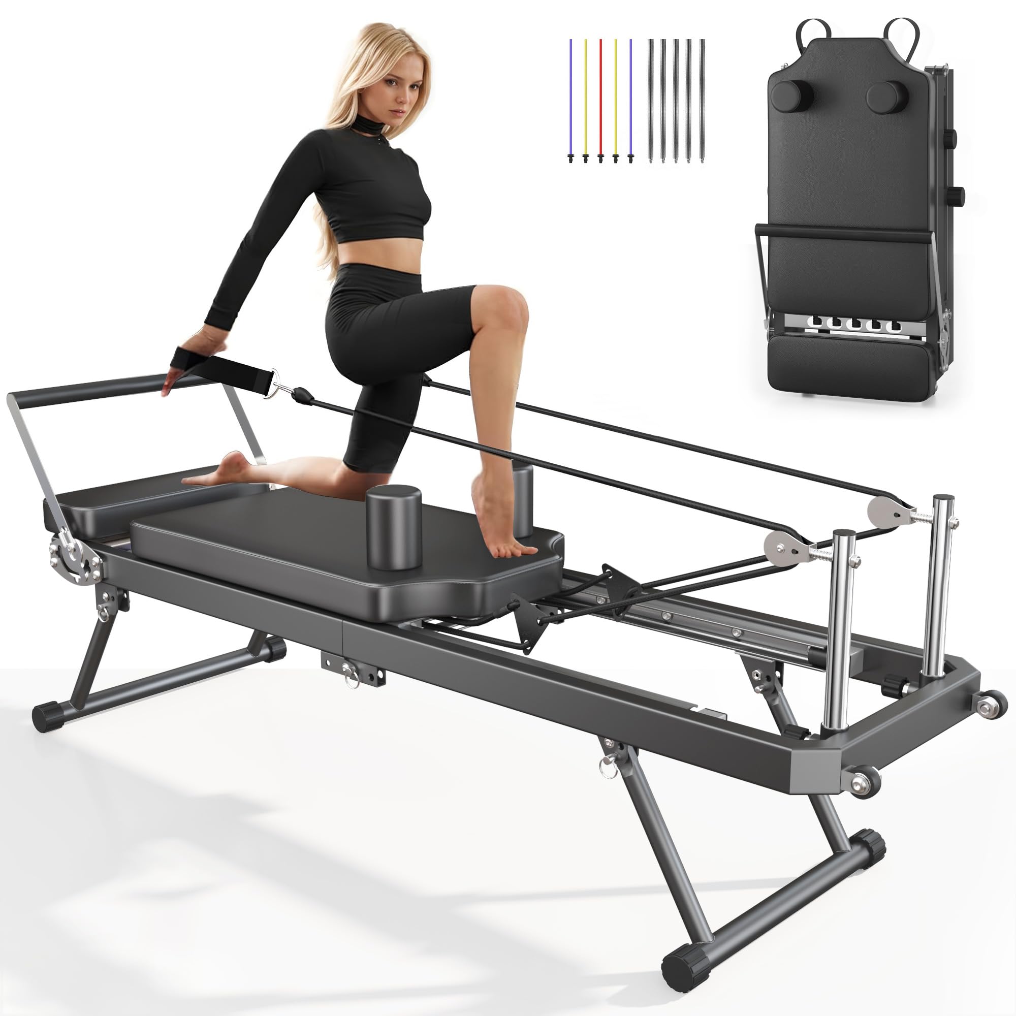 SogesPower Pilates Reformer Machine for Home Gym Workout, Foldable Pilates Equipment with High Strength Alloy Springs for Beginners, Up to 400lbs