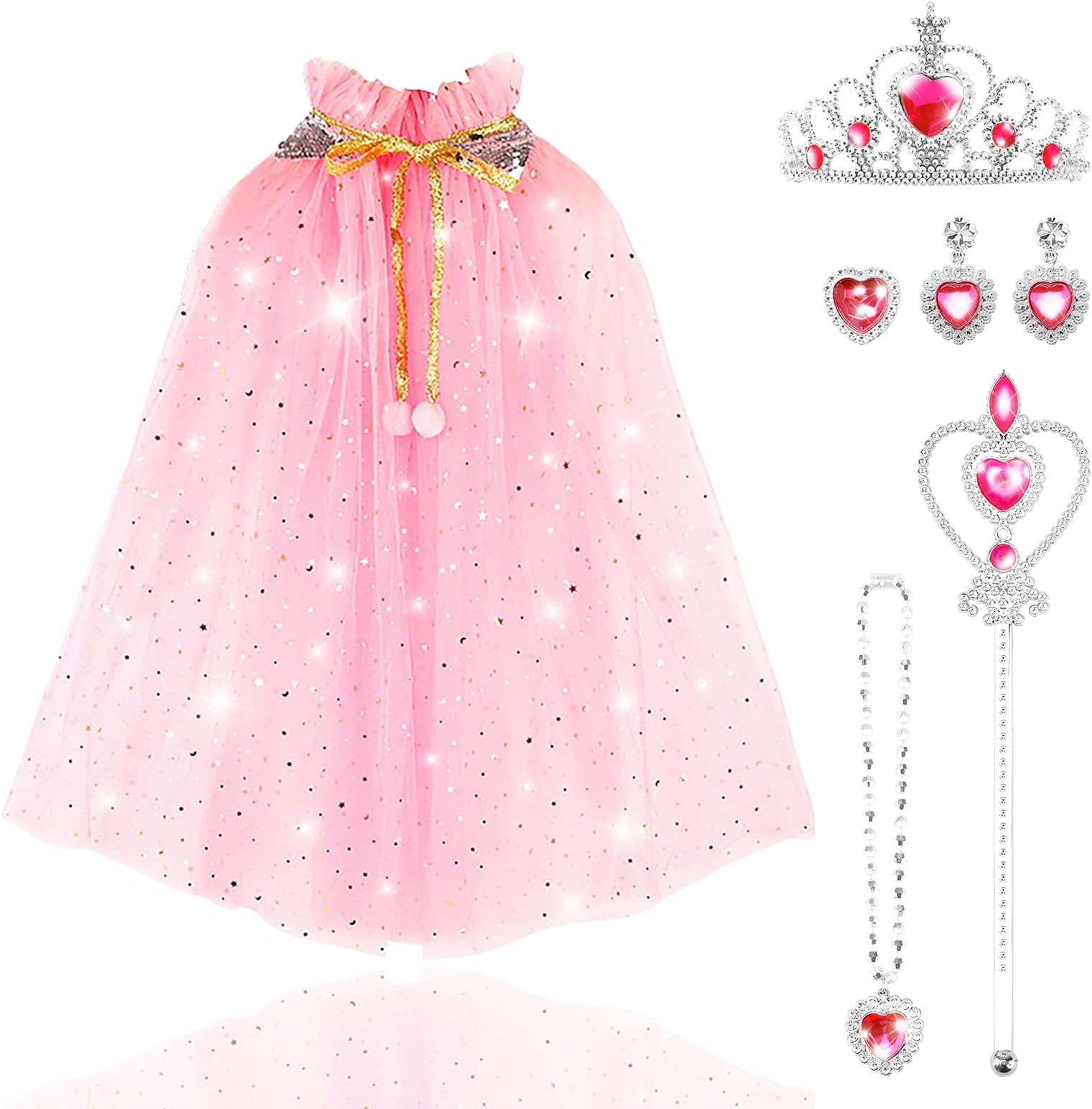 TOYESS 6Pcs Princess Costumes Dress Up for Girls, Princess Cape Set with Crown, Wand, Necklace, Ring and Earrings, Fancy Dress for Girls Birthday, Party, Halloween, Christmas Cosplay
