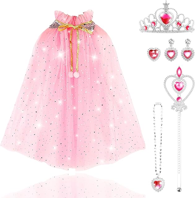 TOYESS 6Pcs Princess Costumes Dress Up for Girls, Princess Cape Set with Crown, Wand, Necklace, Ring and Earrings, Fancy Dress for Girls Birthday, Party, Halloween, Christmas Cosplay, Pink