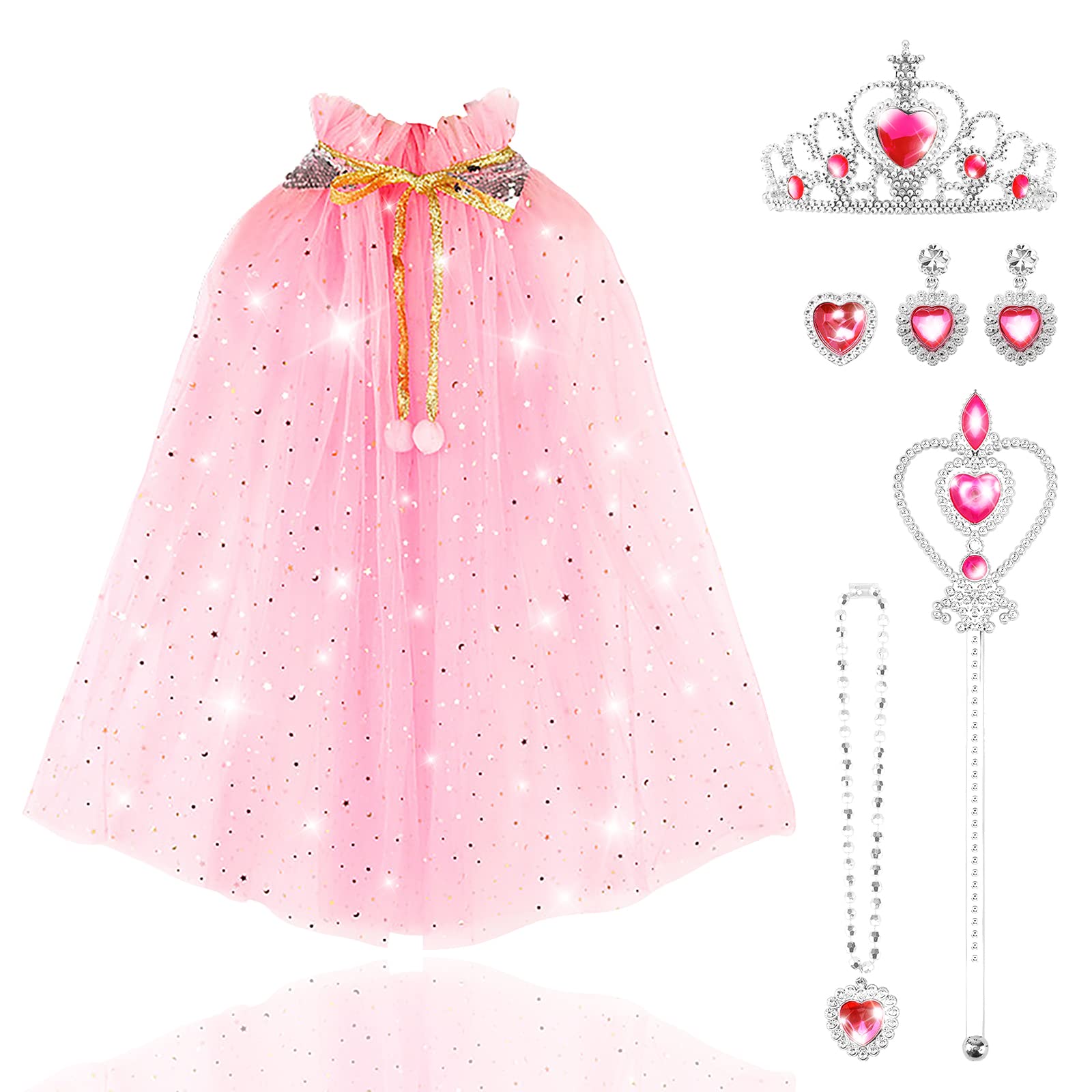 TOYESS 6Pcs Princess Costumes Dress Up for Girls, Princess Cape Set with Crown, Wand, Necklace, Ring and Earrings, Fancy Dress for Girls Birthday, Party, Halloween, Christmas Cosplay
