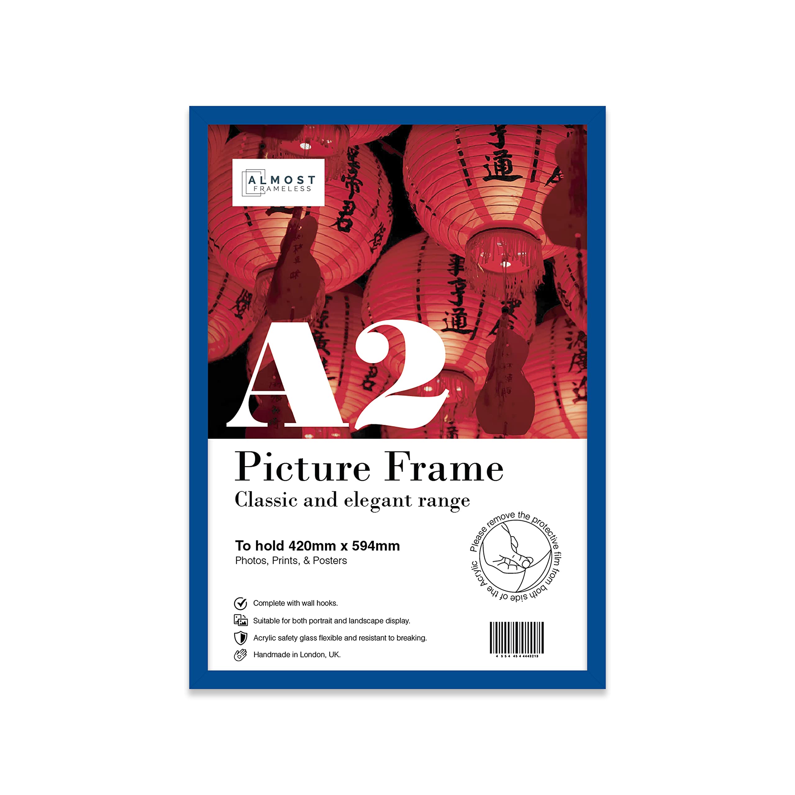 Almost Frameless Blue Picture Frame A2 Fits A2 (42 X 59.4Cm - 16.5 X 23.4In) Poster, Photo, Or Print. Portrait And Horizontal Wall Hooks