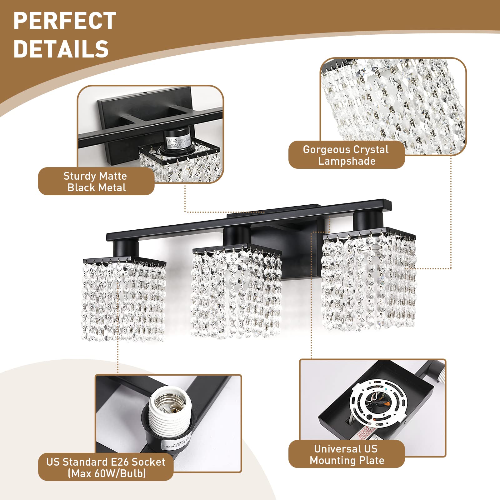 Alta Ilumina Crystal Bathroom Light Fixtures, Bathroom Vanity Light, Wall Sconces Over Mirror, Black Vanity Light E26 Base, Bathroom Light 3 Lights