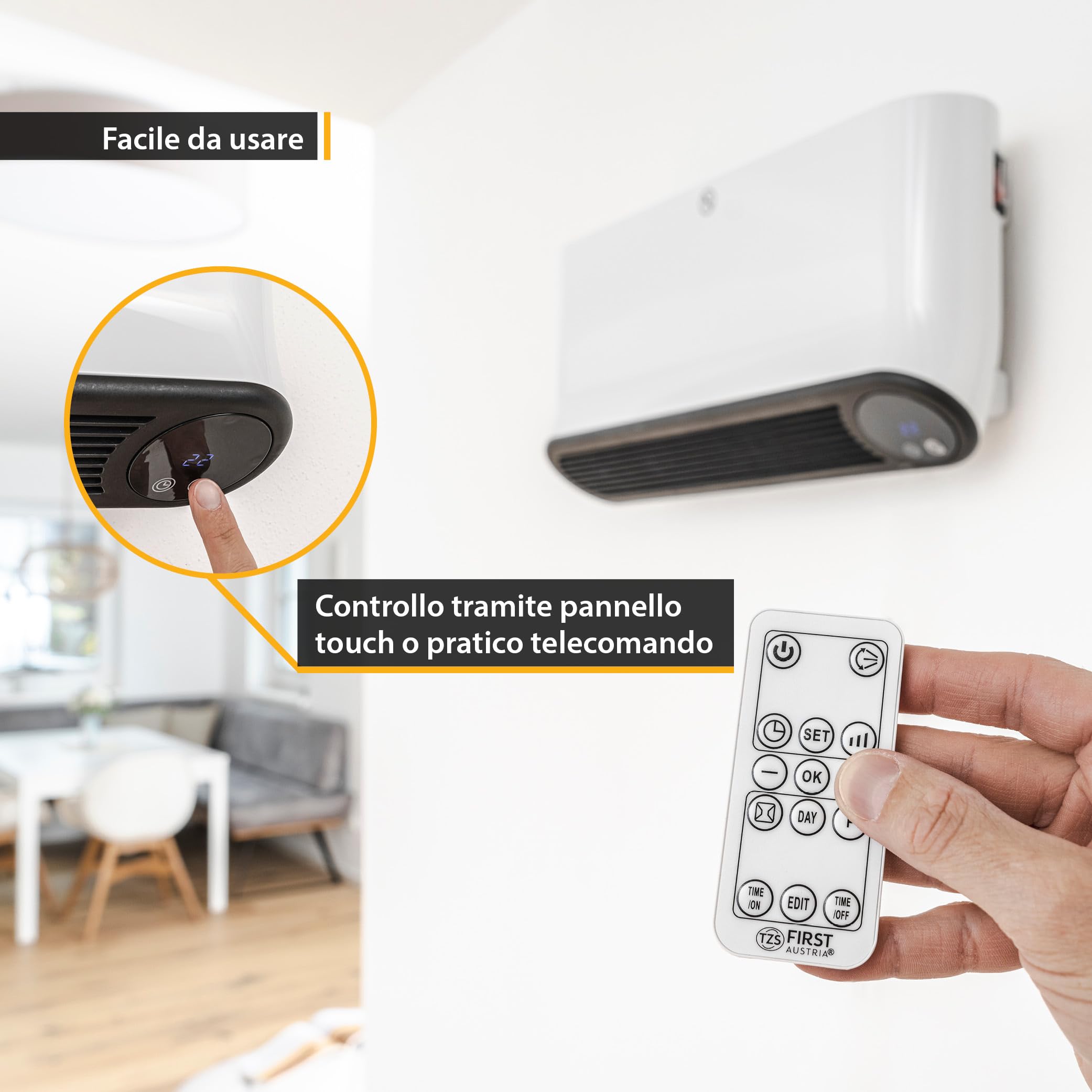 TZS First Austria termoventilatore da parete ceramico, 2000W, timer 12h, 2 livelli, montaggio a muro, termostato, protezione surriscaldamento, bianco/nero