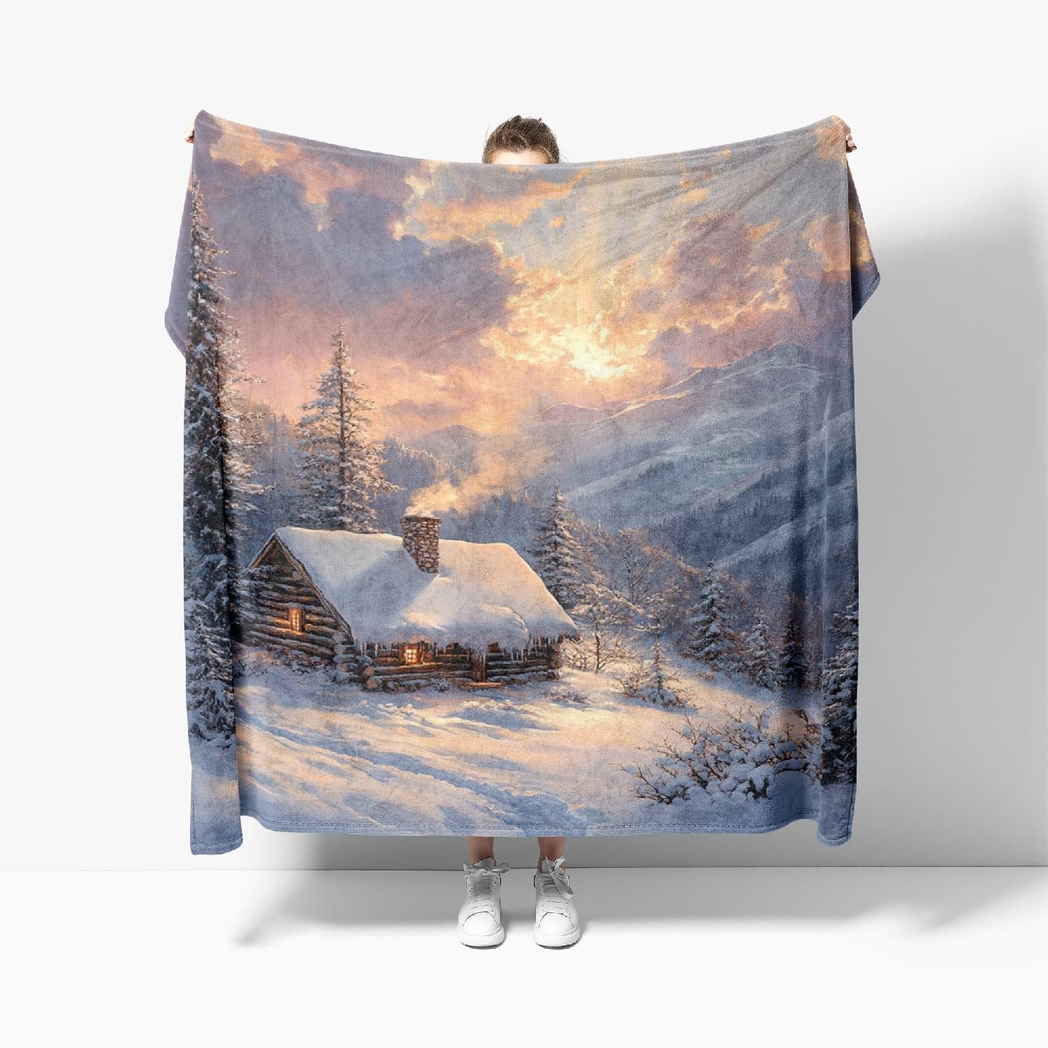 Paysage de Chalet de Montagne Enneigé Plaid Couverture Polaire Flanelle Jeté de Canapé 180x220 cm, Champ de Neige Blanche Couverture Plaid Doux en Peluche pour 2 Personnes Lit, Canapé, Camping