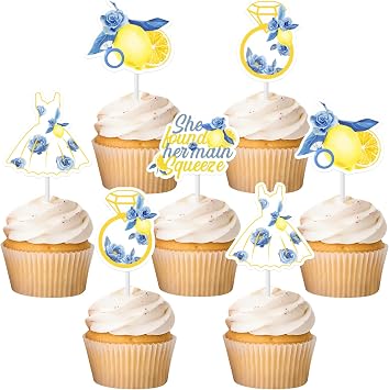 Sursurprise Lemon and Blue Bridal Shower Decorations, 24Pcs She Found Her Main Squeeze Cupcake Toppers, Blue Lemon Theme Party Cupcake Picks, Bride To Be Decor, Bachelorette Party Supplies