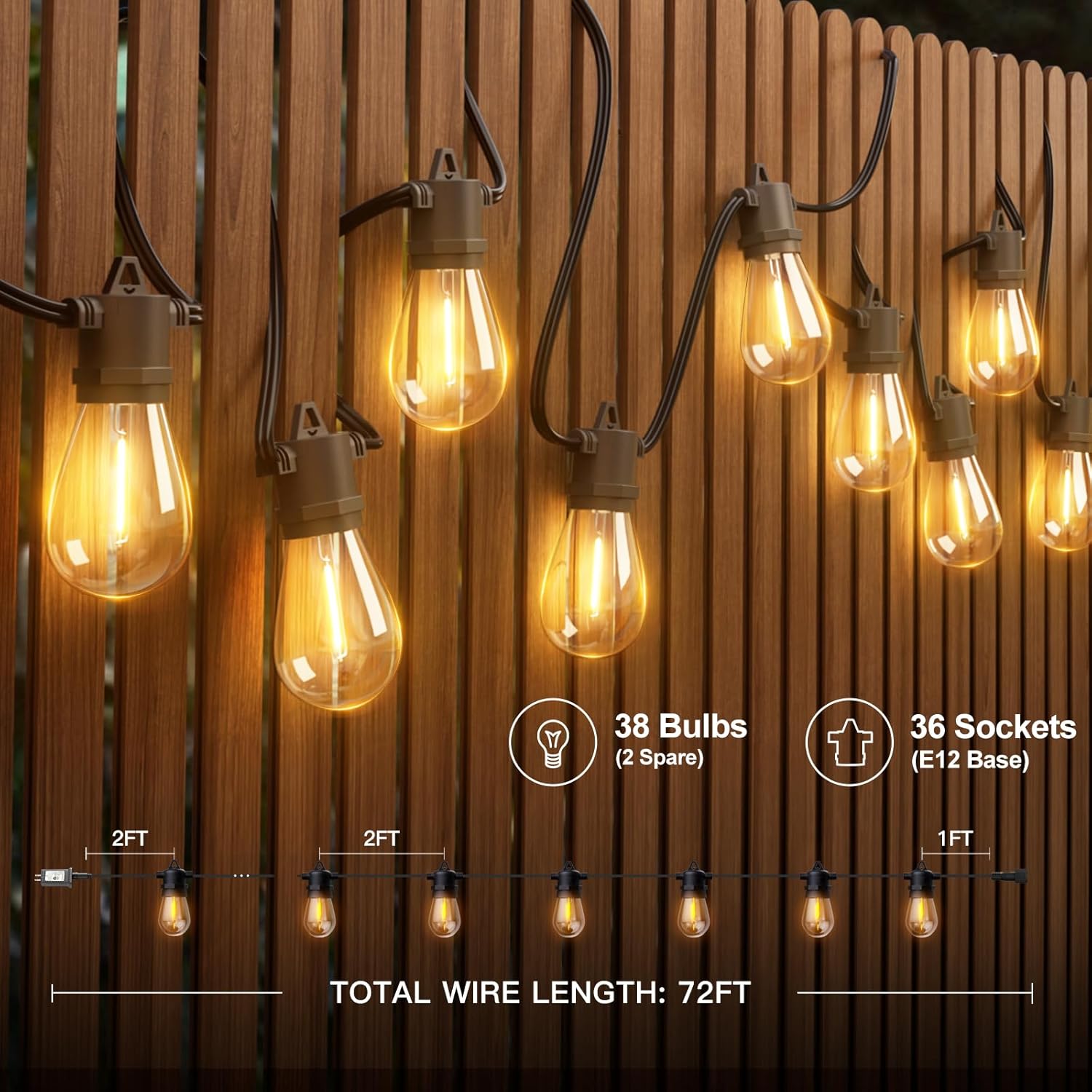 addlon 72FT(2FT Space) LED Outdoor String Lights with 36 Edison Shatterproof Bulbs, Heavy-Duty and Weatherproof Strand, Commercial Grade Patio Lights, Decorative for Patio, Black