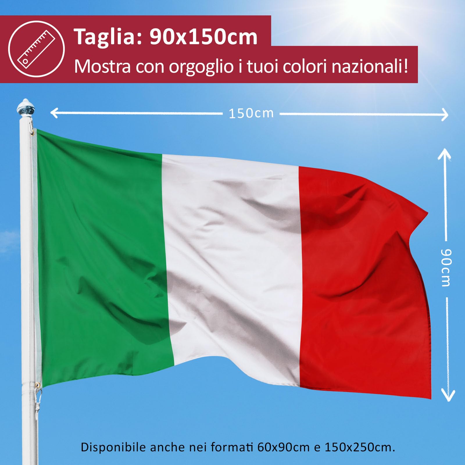 Aricona Bandiera Italia 90x150cm poliestere con occhielli in ottone resistente alle intemperie