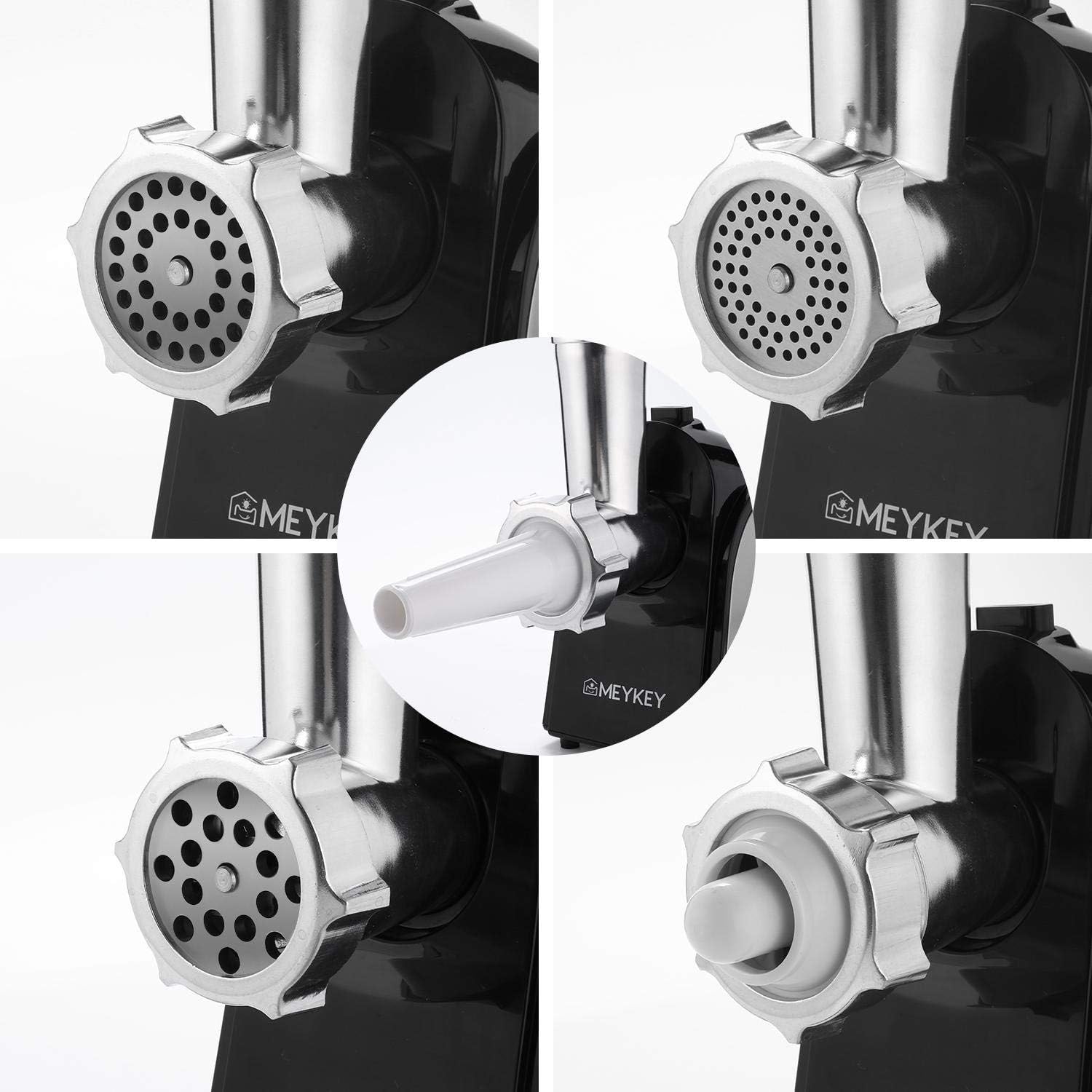 Image showing three cutting plates (coarse, medium, fine) and examples of meat ground with each plate.
