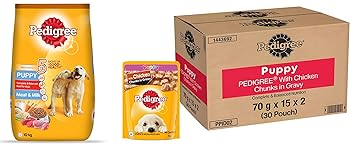 Pedigree Puppy Dry Dog Food, Meat & Milk, 10kg & Pedigree Puppy Wet Dog Food, Chicken Chunks in Gravy, 70 g (Pack of 30)