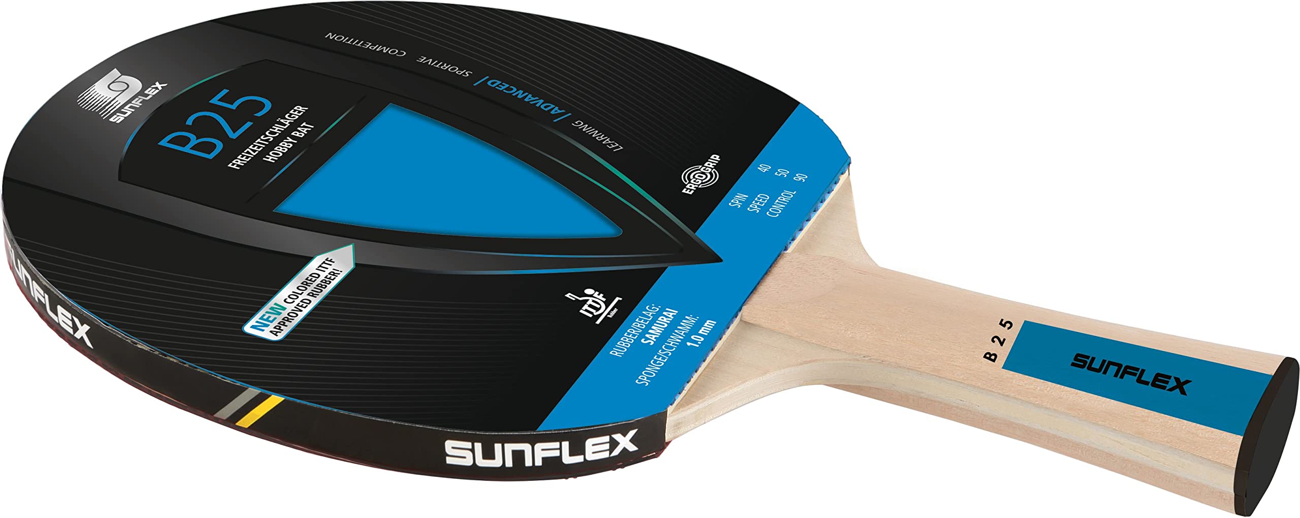 Sunflex® Color COMP B25 Tischtennisschläger | Tischtennis Racket Bat TT Hobby Freizeitschläger mit konkavem Griff | ITTF zertifizierter Blauer Belag | für Anfänger | leichtes Gewicht