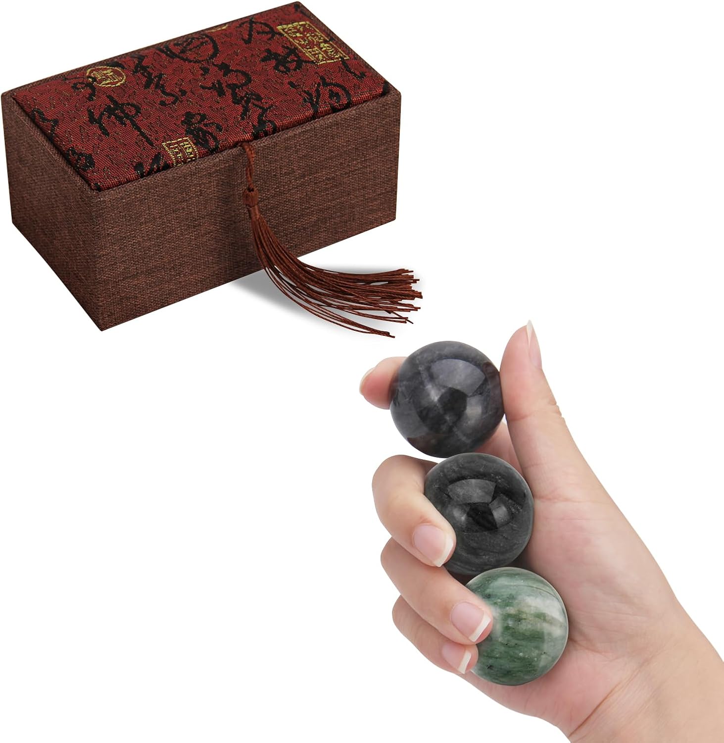 Set of 3 Baoding Balls for Women,1.38Inch Chinese Stress Health Exercise Balls for Hand Therapy with Box(2 Black&1 Green)