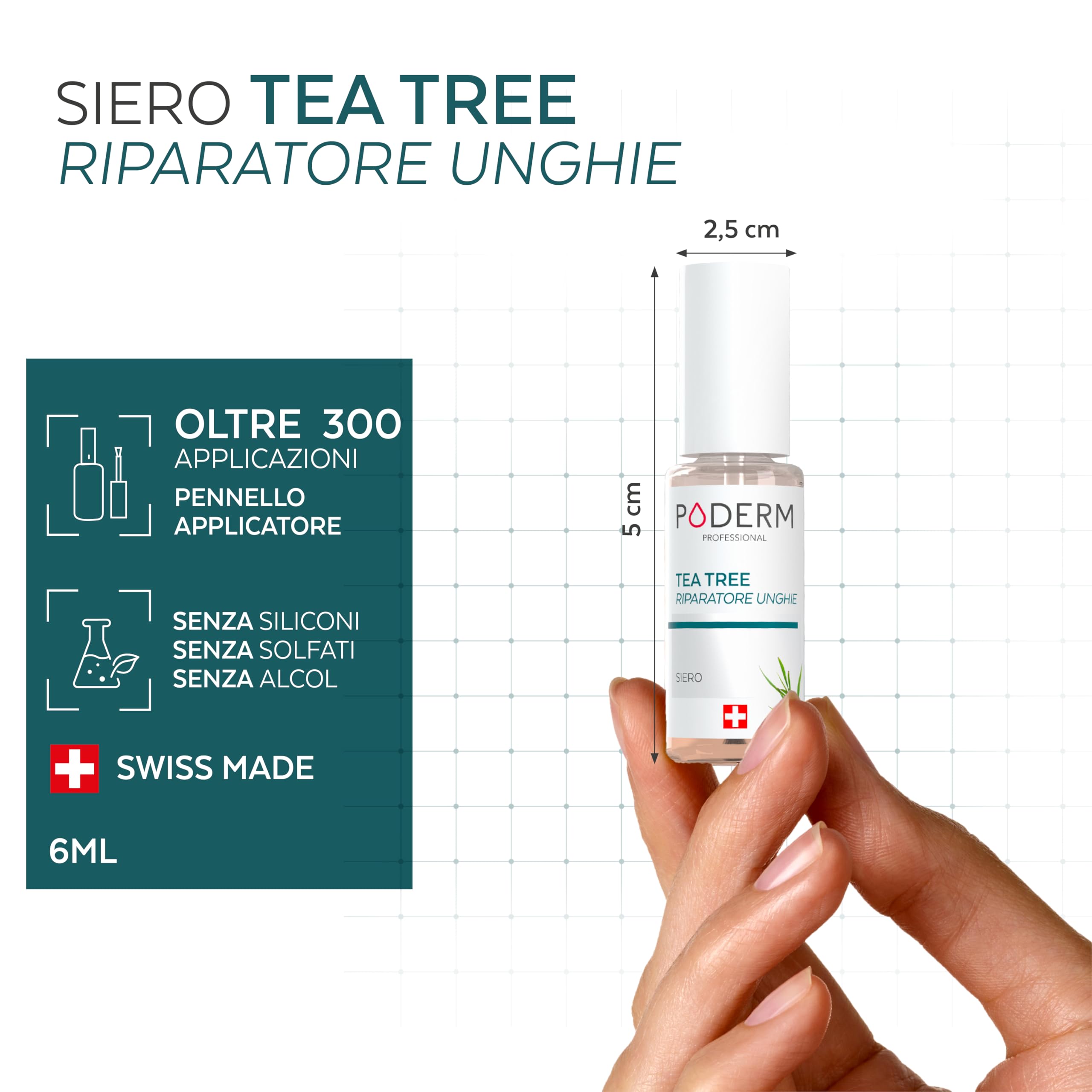 PODERM Tea Tree Riparatore Unghie 6 ml – Siero 4-in-1 | Migliora l’aspetto delle unghie danneggiate, ingiallite e spente – Uniforma lo spessore – Risultati visibili dal primo giorno – Swiss Made