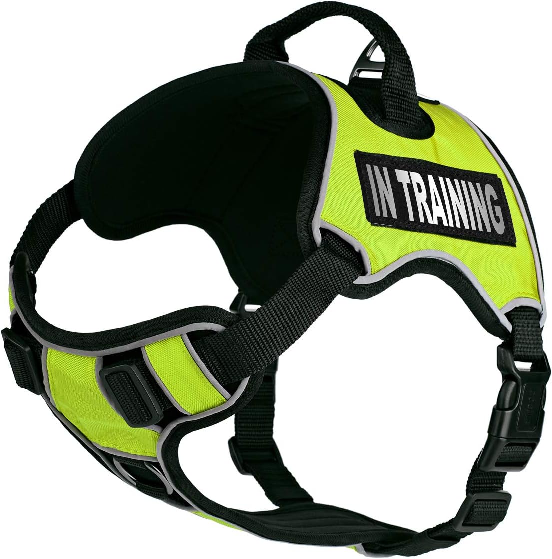 Dogline Quest No-Pull Dog Harness with in Training Reflective Removable Patches Soft Comfortable Dog Vest with Quick Release Dual Buckles Black Hardware and Handle 18 to 22 inches Green