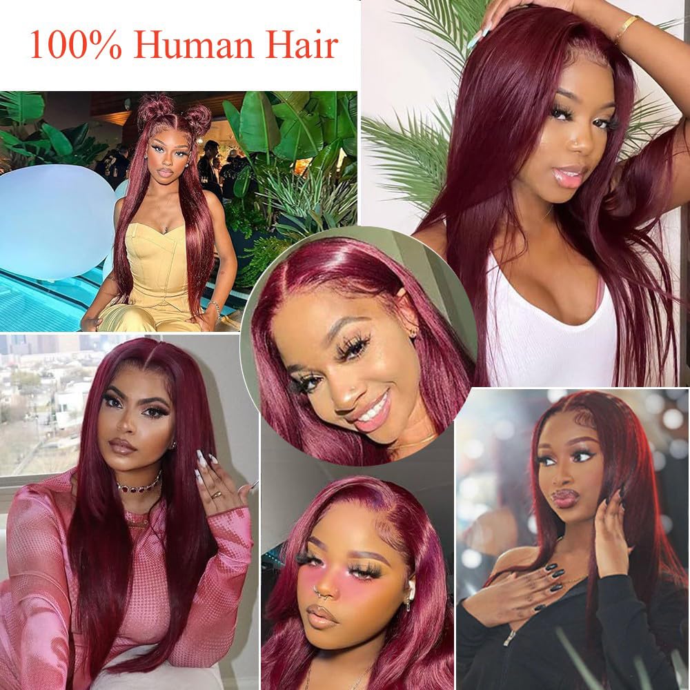 Burgundy Straight Lace Front Wigs Human Hair 13x6.5 Straight Lace Frontal Wigs 250% Density Glueless Burgundy Transparent Lace Front Wig Human Hair Colored (26 inch, 99j)