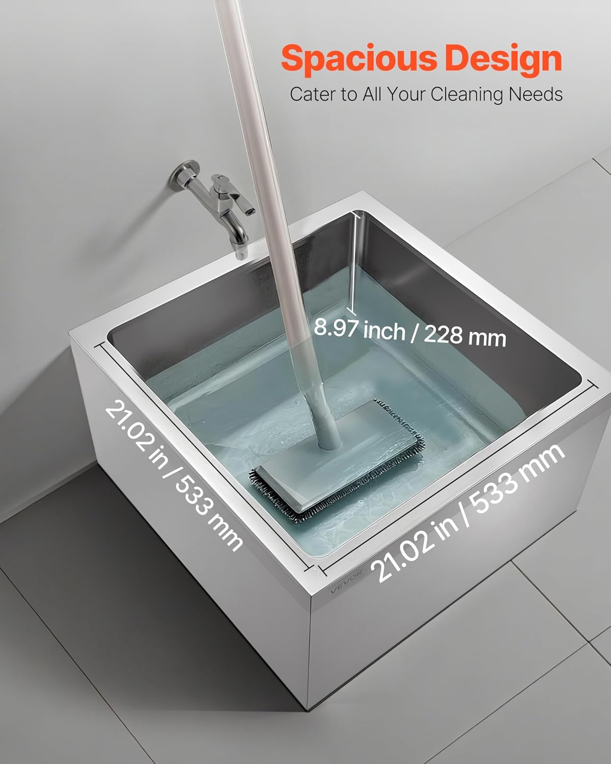 VEVOR Stainless Steel Floor Mop Sink, 24 x 24 x 13 in, 304 Stainless Steel, with 3-in-1 Filter and Wall-Mounted Bracket, X-Shaped Groove for Quick and Smooth Drainage, for Balcony and Bathroom - Image 2