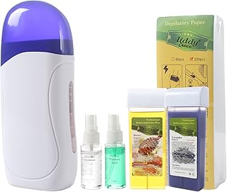 Roll on Wax Kit, Hair Removal Wax Warmer, Portable Wax Heater Kit for Hair Removal, Depilatory Soft Wax Roller Kit for Women Men Home Waxing Machine Kit for Sensitive Skin (100 Wax Paper＋Pre&After-Wax Oil＋Honey and Lavender Wax)