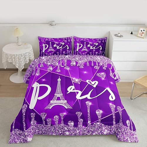 Feelyou Edredón París con Brillos (Sin Brillos Sin Lentejuelas) Juego de Edredón Torre Eiffel Diamante para Niños Niñas Infantil Plateado Morado