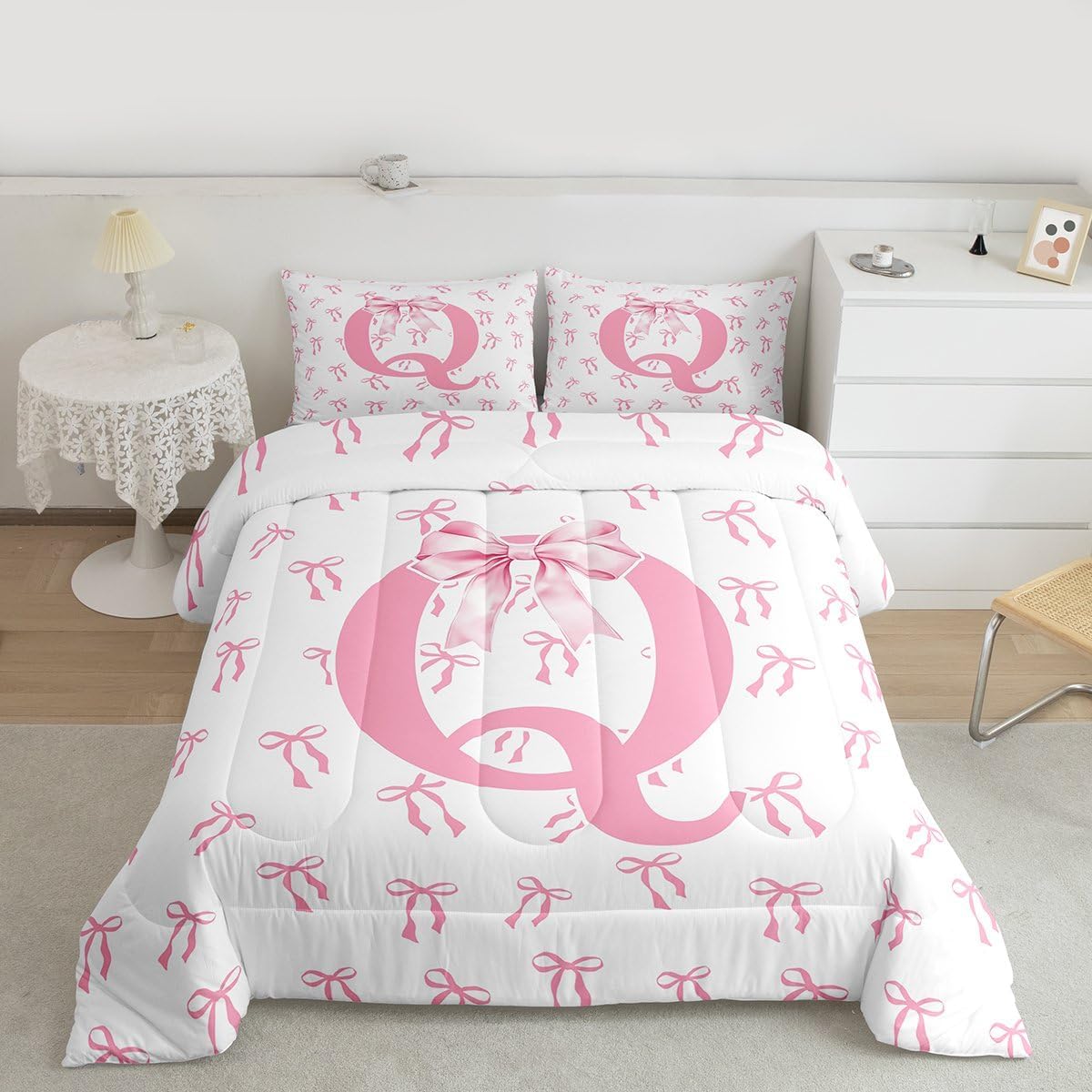 Erosebridal Romantic Pink Bowknot Comforter Set Twin Ribbon Initial A-Z Letter Bedding Set Dreamy Bows Down Comforter Modern Simple Pink White Bow Knot Duvet Insert