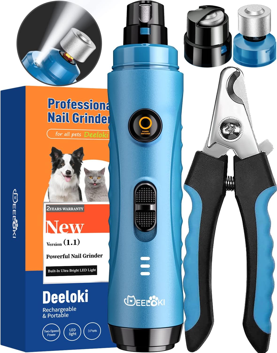 DEELOKI Dog Nail Grinder with LED Light Upgraded 2 Speeds Painless Pet Dog Nail Trimmers and Clipper Super Quiet Best Cat Dog Nail Clipper Kit for Large Small Dogs Pets Cats Breed Paws Quick Grooming