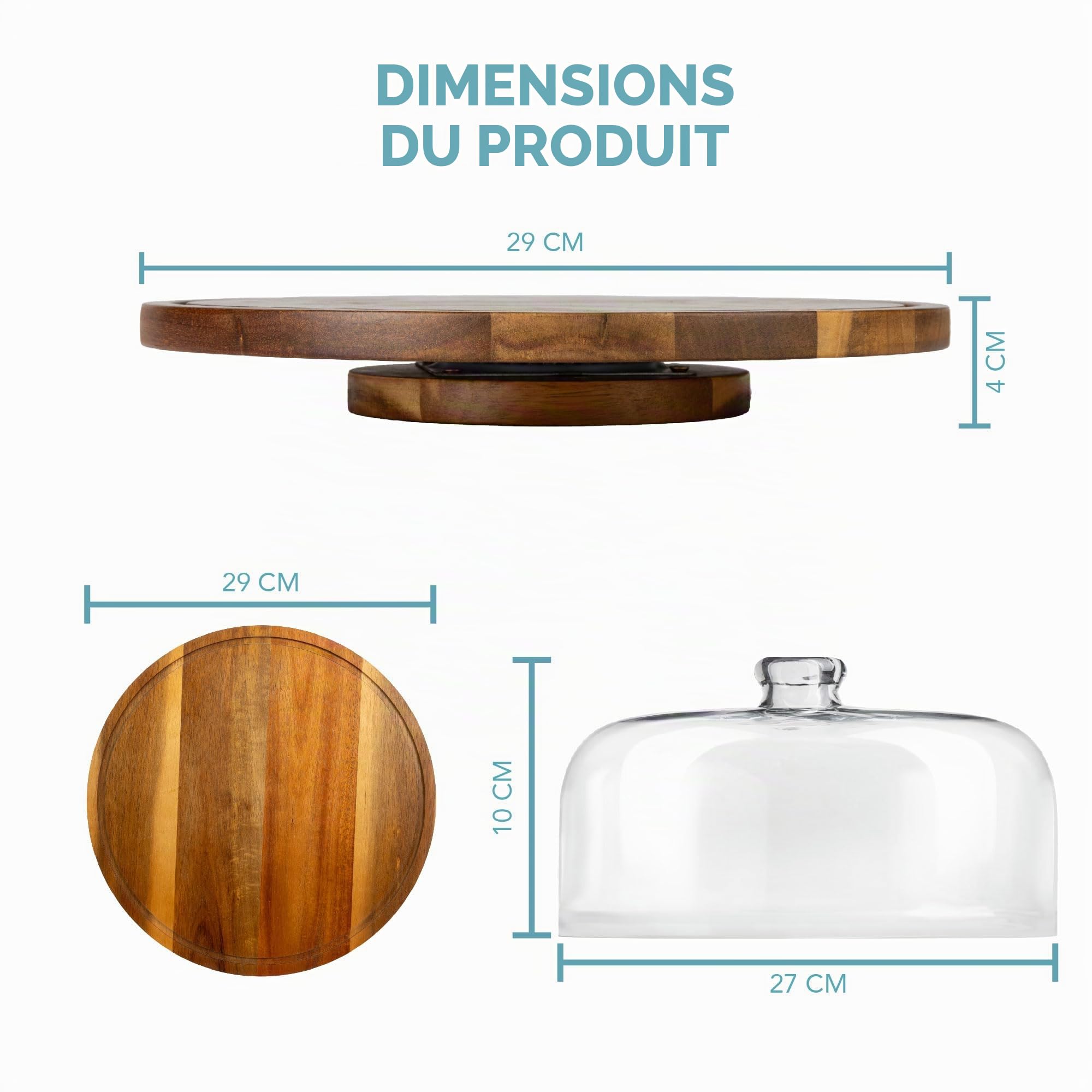 HEFTMAN Présentoir à gâteau Rotatif avec Couvercle en dôme, 25,4 cm | Présentoir à gâteau en bois d'acacia antidérapant avec couvercle en dôme acrylique transparent pour gâteaux, pâtisseries