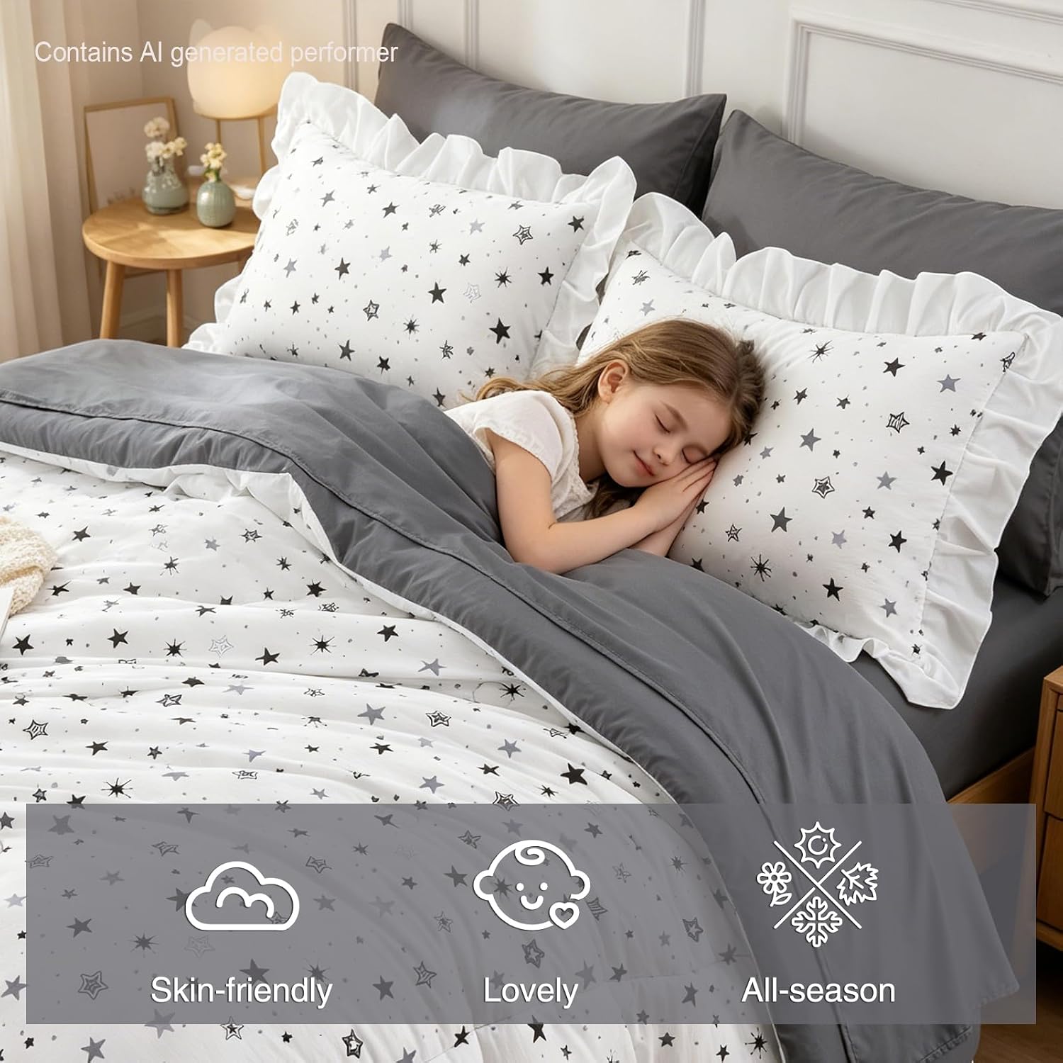 Aimuan Star Print Comforter Set Twin Size Soft Breathable Bedding Set with Pillowcases, Cute Aesthetic Star Pattern Bed Linen for Kids Teens Adults, All Season Modern Bedroom Decor (Twin, White) image 3