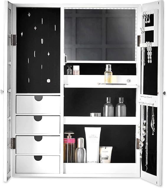CARME Harper Wall Mounted Tabletop White Mirror Cabinet with Internal LED Lights & Photo Frame Jewellery Armoire Bedroom Furniture Makeup Cosmetic Storage Organiser