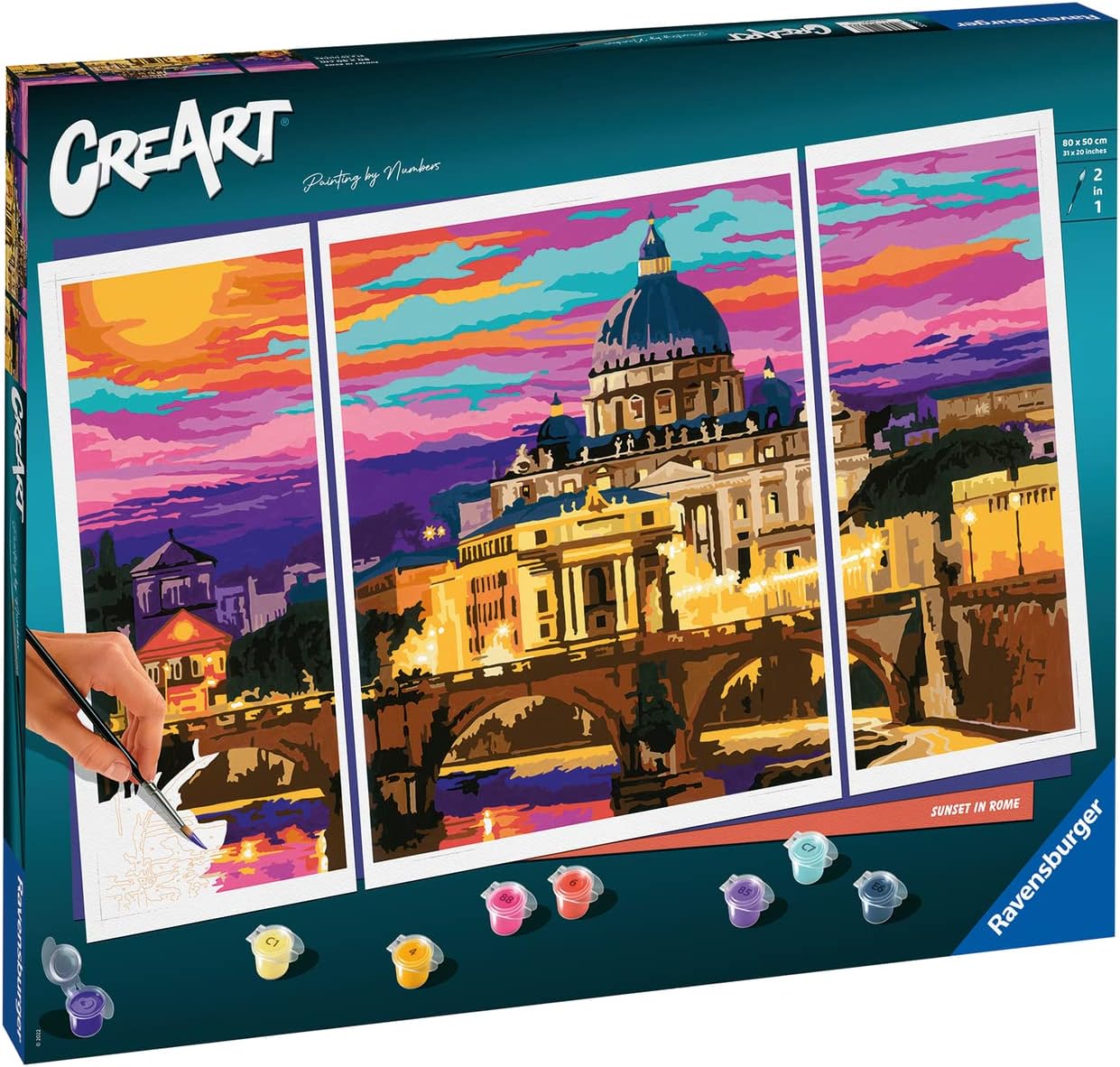 Ravensburger - CreArt Trittico, Rome, Painting by Numbers Kit, Contains 3 Pre-Printed Boards, Brush, Colours and Accessories, Creative Play and Relax for Adults 14+ Years