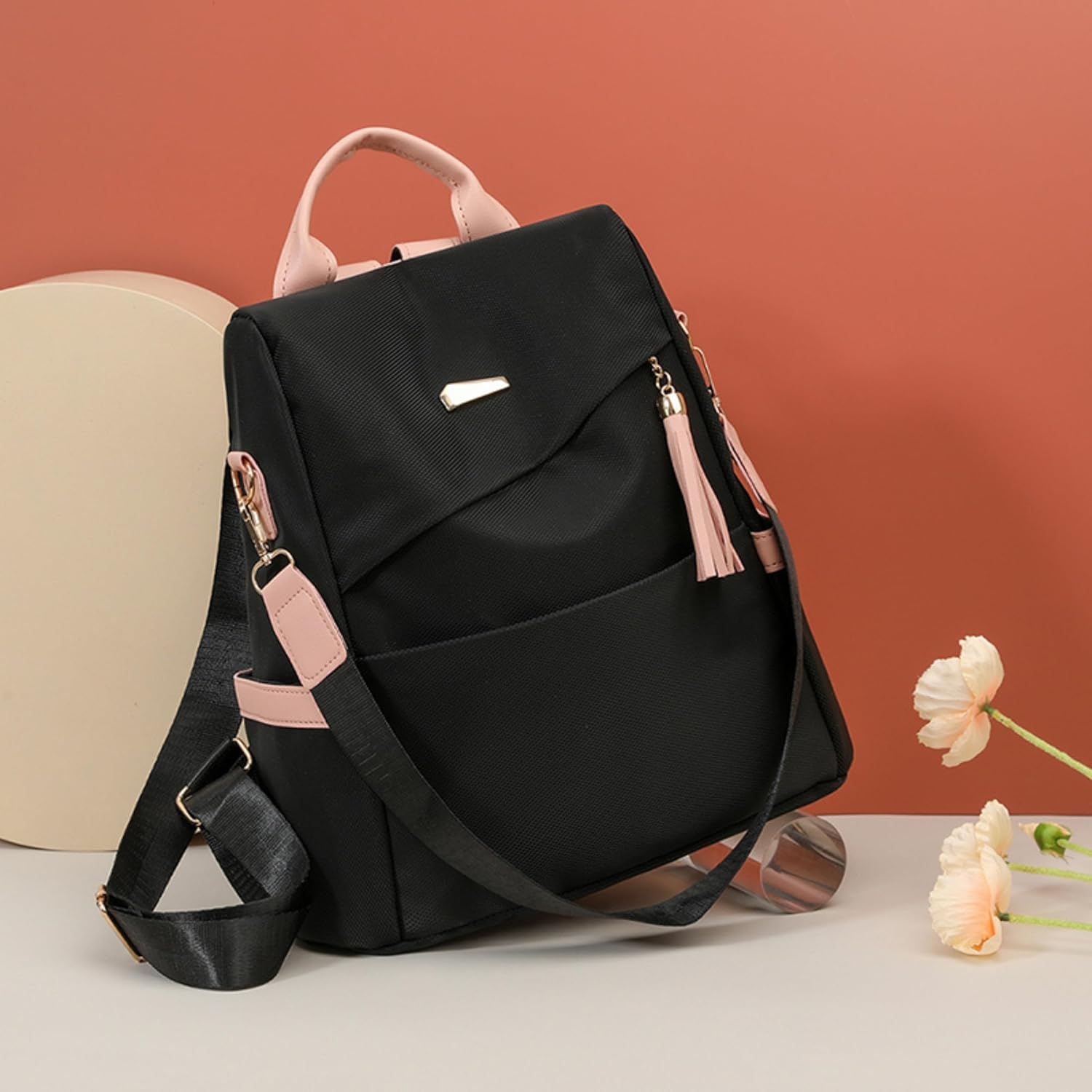 Mini Fashion Backpack for Women, Small Lightweight Nylon Anti-theft Casual Travel Daypack Purse with Water Bottle Pocket (【Black/Pink】) - Image 5