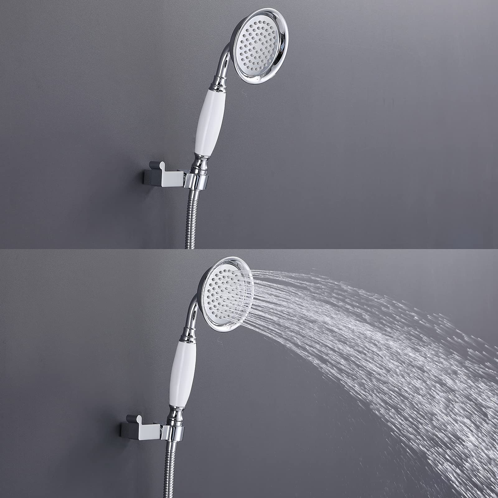 Soffione Doccia Anticalcare Doccia a Mano a Parete Ottone Manopola Doccia Manico Singolo Acqua Calda e Fredda Soffione a Mano con Tubo Doccia e Supporto Doccia,White Chrome
