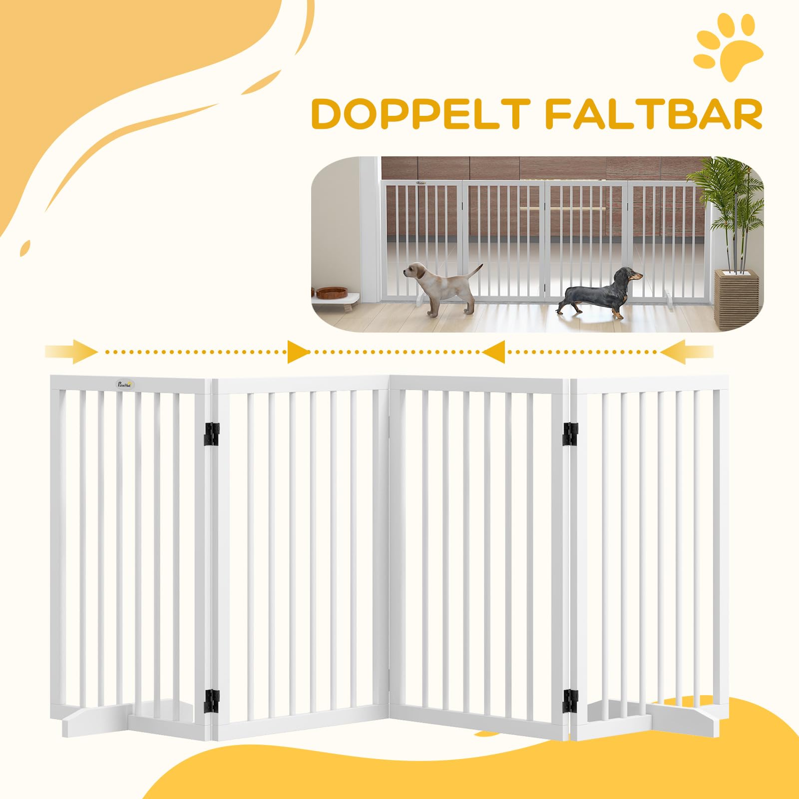 PawHut Pet Gate, 4-częściowy zestaw składanych drzwi dla zwierząt domowych, z matami antypoślizgowymi, do małych i średnich psów, do drzwi, schodów, hali, 206 dł. x 35,5 szer. x 76 wys. cm, biała