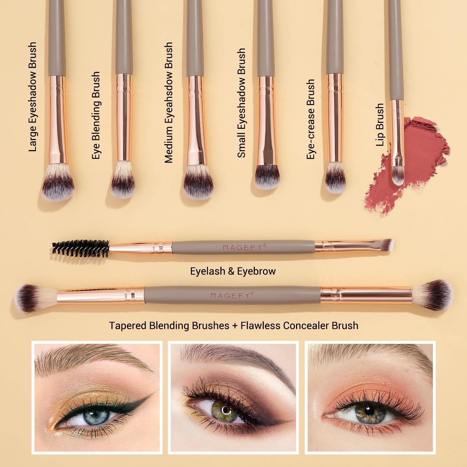 MAGEFY Makeup Brushes 12Pcs with Bag, Double-End Multi-functional for Foundation Powder Blush Eyeliner Eyeshadows brushes with Gift Box,Champagne