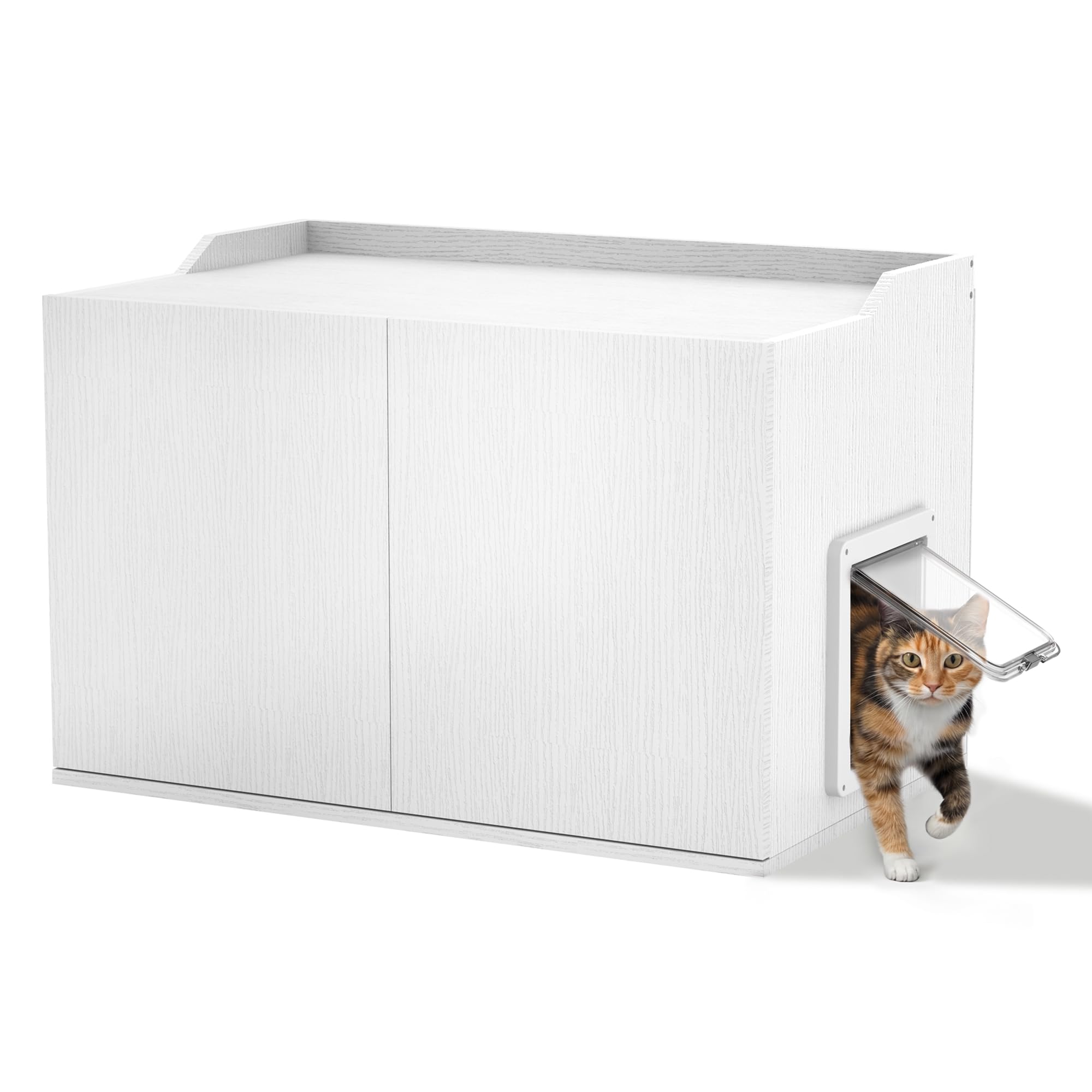 Cat Litter Box Enclosure Furniture with Cat Door, Large Hidden Litter Box Cabinet for XL Boxes, 31.5" L x 19.8" W x 21.1" H, Wooden Cat Box Furniture, White