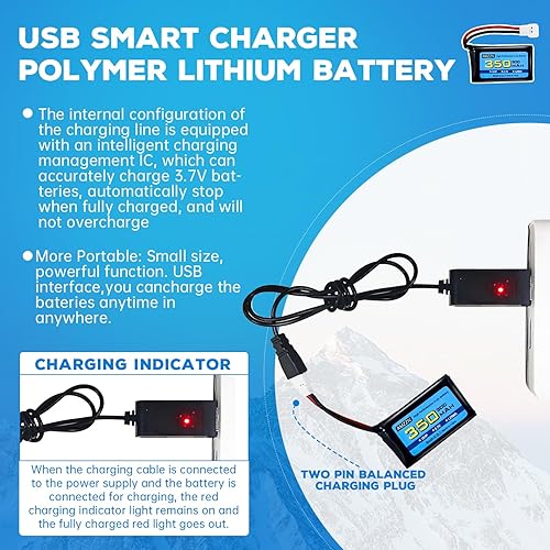 Miniatura 4 de 2 baterías Lipo de 3.7 V 350 mAh 1S con enchufe Molex y USB para Syma X11C WLToys V911S RC Drone, XK A150 BF-109 FX651 FX621 Z60 Jet F-16 F-22 F-35