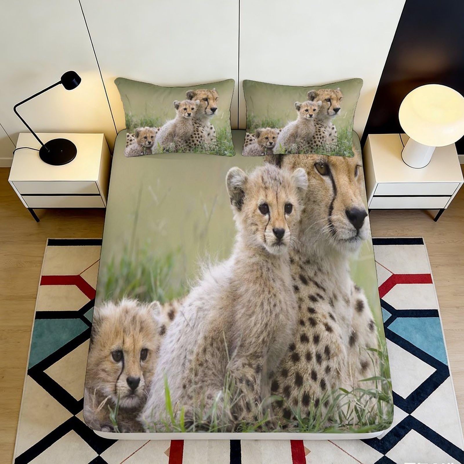 3D Printed Cheetah Family Fitted Sheet Microfiber Soft Animal Grassland Mattress Cover for Bedroom Guest Room Decor 90x200x25cm