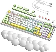 AK992 Mechanical PC Gaming Keyboard,99Keys Hot Swappable,Triple Mode BT5.0/2.4G/Wired,RGB Backlight,Gasket Mount,3 in 1 Cloud Wrist Rest,Coiled C Cable,with Knob for Win/MAC(Spring Green)