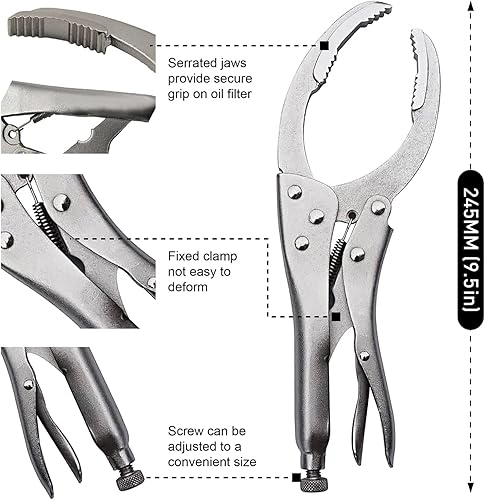 Miniatura 4 de MacWork Llave de filtro de aceite con empuñadura de bloqueo, mandíbulas de acero al cromo vanadio de 9.5 pulgadas