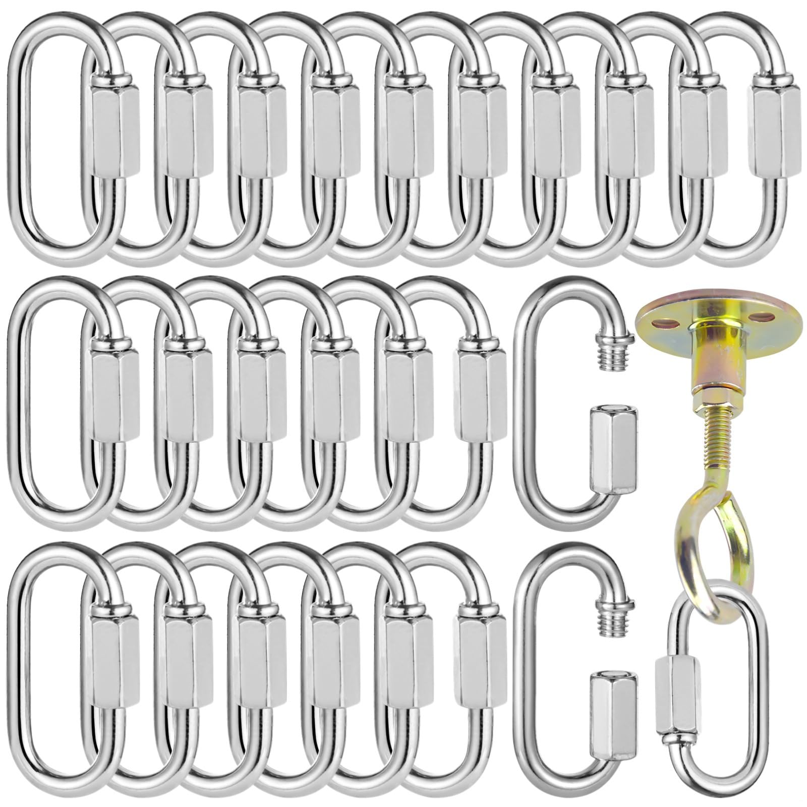 50 eslabones de cadena de acero, eslabones rápidos resistentes de 600 libras, clips de seguridad de rosca M6 galvanizados, conectores de mosquetón para escalada, gimnasio y columpio